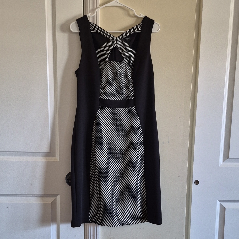 connected apparel Black and White Polka Dot Midi Dress with Crisscross Front